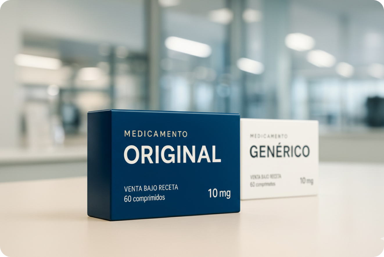 Caja azul con medicamentos originales vs caja con medicamentos genéricos